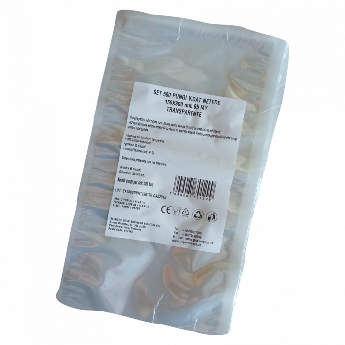 Pungi vidat netede pentru masini de vidat cu camera 150X300 mm 65 my set 500 buc