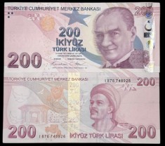 TURCIA 200 LIRE 2024 ( 2009 ) prefix I , UNC [1] P- 227g , necirculata , Semn Guvernator Fatih Karahan , Viceguvernator Osman Cevdet Akcay