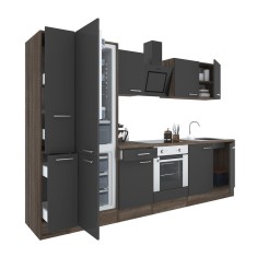 Mobilă de bucătărie Yorki 300, corp din stejar Yorki, față antracit satinat cu element cuptor inferior și frigider congelator inferior