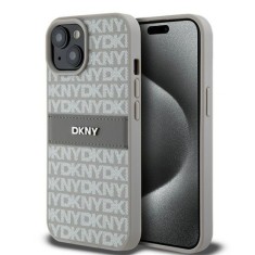 Husa iPhone 15 Plus - DKNY Leather Mono Stripe &amp; Metal Logo (DKHCP15MPRTHSLE) - Beige