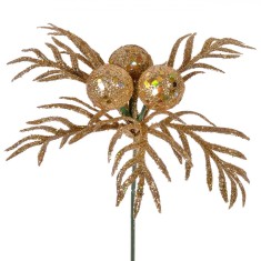 Crenguță Decorativă de Crăciun, Model Floare, 17cm, Culoare Auriu, Cu Glitter