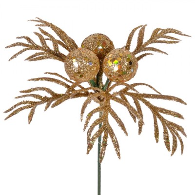 Crenguță Decorativă de Crăciun, Model Floare, 17cm, Culoare Auriu, Cu Glitter foto