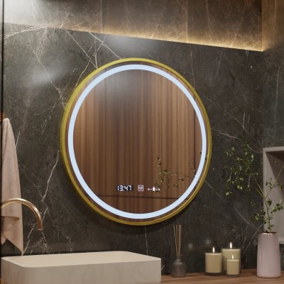 Oglinda LED Rotunda, 60cm, Celeste Royale Gold Eleve MotionGlow Marcello, Sistem Dezaburire, Ceas &amp;amp; Termometru, Dimabila, Curea Detasabila ModernLight foto