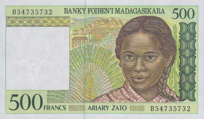 MADAGASCAR █ bancnota █ 500 Francs = 100 Ariary █ 1994 █ P-75b █ UNC necirculata foto