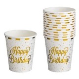 Pahare petrecere carton alb cu dungi aurii Happy Birthday 240ml - 12 buc, CMCLASS