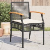 Scaune gradina Gossi, 4 buc, poliratan negru/lemn acacia, perne incluse, exterior, 54x57x85cm