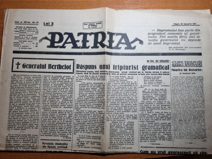 ziarul patria 30 ianuarie 1931-moartea generalului berthelot,episcopul hossu