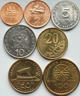 set 7 monede Grecia 1, 2, 5, 10, 20, 50, 100 drachmes 1990 - 2000 UNC - A026 foto