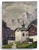 Capela in Alpi - pictura postimpresionista interbelica semnata, tablou ulei pe panza, 22 x 30cm, Peisaje, Impresionism