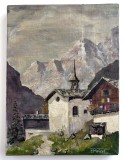 Capela in Alpi - pictura postimpresionista interbelica semnata, tablou ulei pe panza, 22 x 30cm