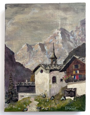 Capela in Alpi - pictura postimpresionista interbelica semnata, tablou ulei pe panza, 22 x 30cm foto