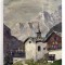 Capela in Alpi - pictura postimpresionista interbelica semnata, tablou ulei pe panza, 22 x 30cm