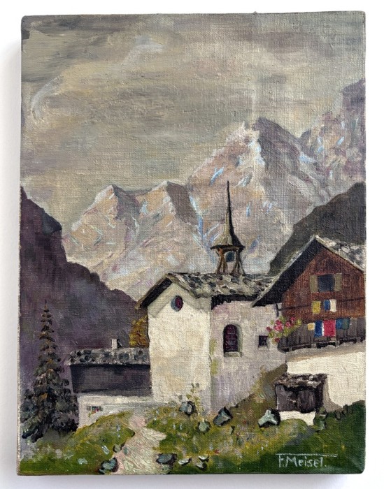 Capela in Alpi - pictura postimpresionista interbelica semnata, tablou ulei pe panza, 22 x 30cm