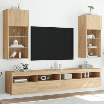 vidaXL Comode TV cu lumini LED, 2 buc., stejar sonoma, 40,5x30x90 cm 837048 foto