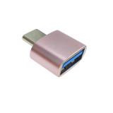 Cumpara ieftin Adaptor OTG USB 2.0 mama la USB tip C tata, carcasa aluminiu, alimentare si transfer de date, roz, Oem