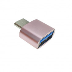 Adaptor OTG USB 2.0 mama la USB tip C tata, carcasa aluminiu, alimentare si transfer de date, roz