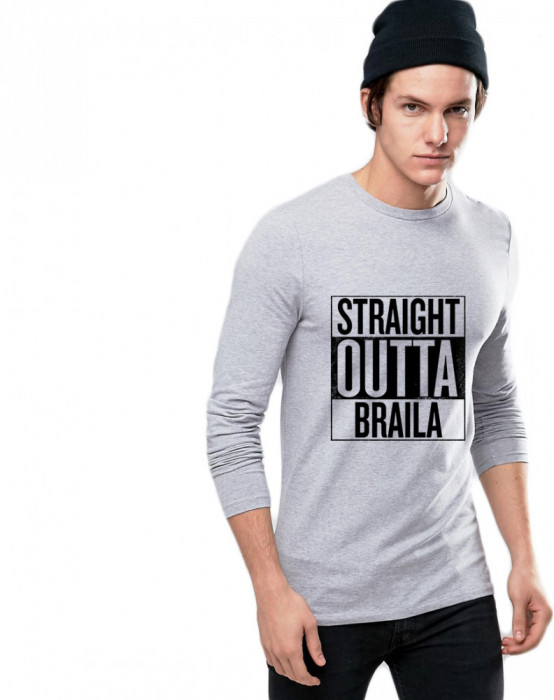Bluza barbati gri cu text negru - Straight Outta Braila - XL