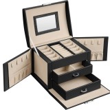SONGMICS Cutie de bijuterii cu 3 nivele, 2 sertare, oglinda si incuietoare, 14x18x14cm, negru Household NewTrend