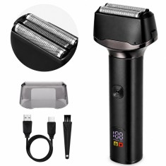 Aparat de Ras Electric Shaver Trimmer, Umed/Uscat, IPX5, Fara Fir, LED, Lame Duble, Autonomie 70 min, USB-C, Negru
