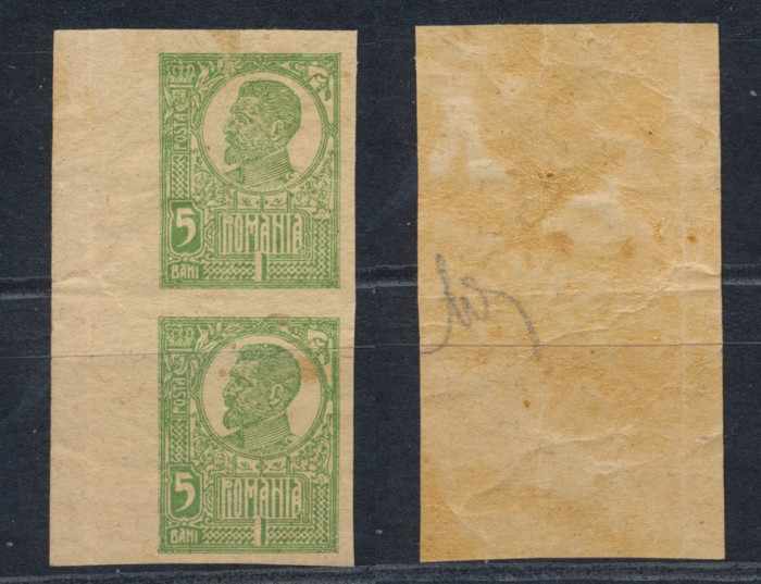 ROMANIA Ferdinand uzuale Cap Mare 1921 5 Bani eroare nedantelata MNH in pereche