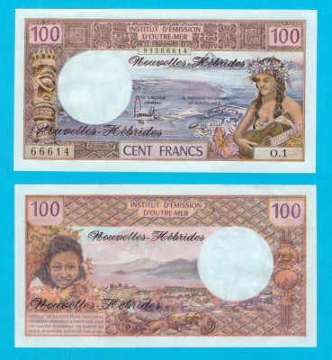 Noile Hebride (p#18) 100 Francs 1977 UNC &amp;#039;Perioada Anglo-Franceza&amp;#039; serie: O.1 66614 foto