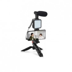 Kit vlogging universal pentru telefon,trepied flexibil,microfon,suport telefon,panou lumina LED
