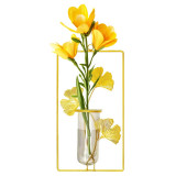 Vază decorativă dreptunghiulară, din metal și sticlă, cu frunze aurii