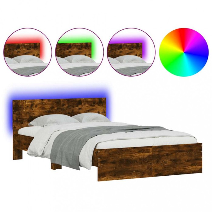 Cadru de pat cu tablie si LED, stejar fumuriu, 135x190 cm