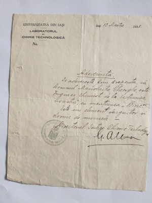 Adeverinta profesie Inginer chimist emisa de Universitatea Iasi 1938 / CD1P foto