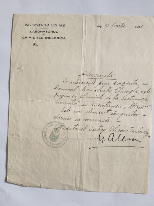 Adeverinta profesie Inginer chimist emisa de Universitatea Iasi 1938 / CD1P