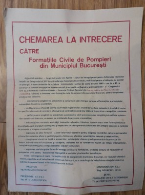 Anii 80, Afis comunist, Chemare la intrecere, pompieri, Intr. VISCOFIL Bucuresti foto