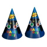 Coifuri de petrecere din carton, Albastre cu model Game On, 16cm, 6 buc, CMCLASS
