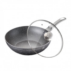 Tigaie wok cu capac, diametru 30 cm, interior granit, Negru foto