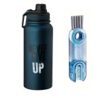 Set bidon de apa fitness, izoterm, 950ml din otel inoxidabil, turcoaz si perie pentru curatat sticla
