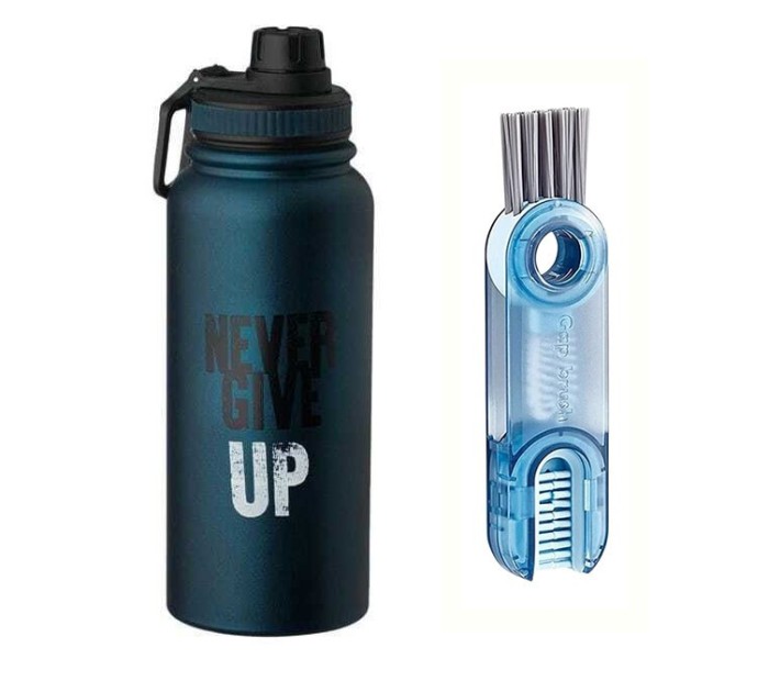 Set bidon de apa fitness, izoterm, 950ml din otel inoxidabil, turcoaz si perie pentru curatat sticla