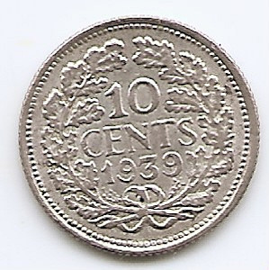 Olanda 10 Cents 1939 - Wilhelmina, Argint 1.4 g/640, 15 mm KM-163 foto