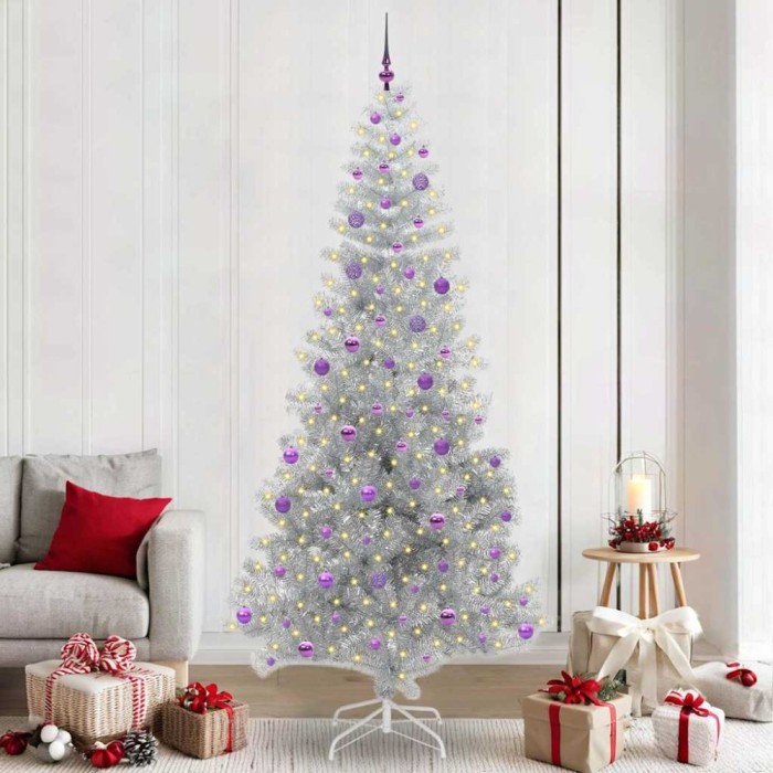 vidaXL Brad de Crăciun cu 300 LED cu suport Argintiu 240 cm PET 3396698