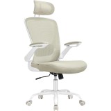 SONGMICS Scaun birou ergonomic cu tetiera, suport lombar reglabil si cotiere rabatabile, 64x64x130 cm, bej cappuccino