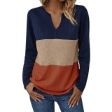 Tricou cu guler &icirc;n V, m&acirc;neci lungi, tricotaj tip waffle, ușor, cu blocuri de culoare &ndash; Portocaliu S