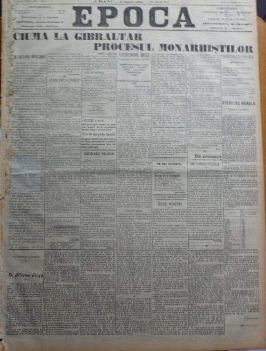 Ziarul Epoca, 15 Noiembrie 1899 ; Ciuma de la Gibraltar ; Procesul Monarhistilor