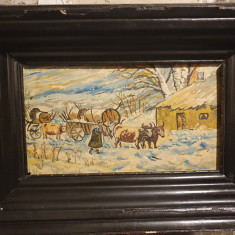 Tablou vechi pictat in ulei - Car cu boi II