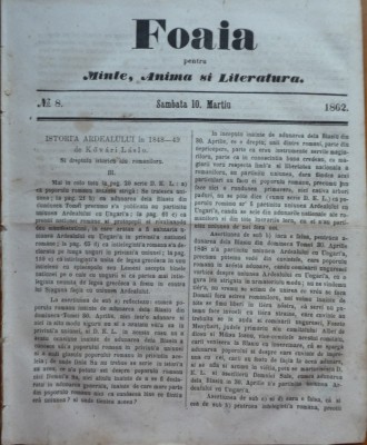 Foaia pentru minte , inima si literatura , nr. 8 , 1862 , Director I. Muresanu foto