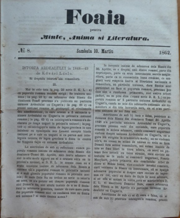 Foaia pentru minte , inima si literatura , nr. 8 , 1862 , Director I. Muresanu