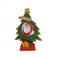 Ornament Craciun, Onore, multicolor, lemn, 17 x 12.5 cm, brad cu Mos Craciun design vintage