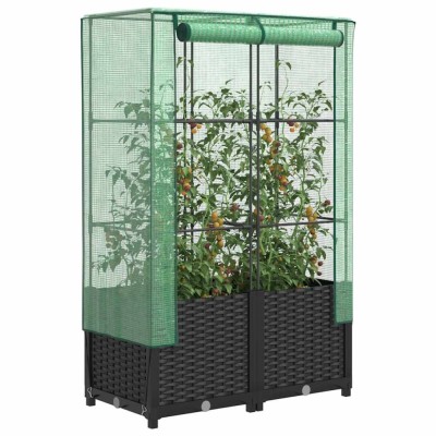 vidaXL Strat &amp;icirc;nălțat cu husă de seră, aspect ratan, 80x40x138 cm 4015814 foto