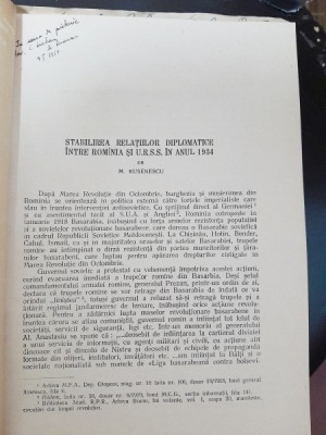 Stabilirea relatiilor diplomatice intre Romania si U.R.S.S. in anul 1934 - M. Rusenescu cu dedicatie foto
