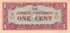 BURMA █ OCUPATIE JAPONEZA █ bancnota █ 1 Cent █ 1942 █ P-9b █ UNC