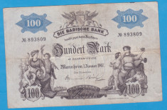 (1) BANCNOTA GERMANIA - BADEN - 100 MARK 1907 (1 IANUARIE 1907) - MAI RARA foto