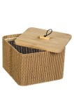 Cumpara ieftin Cutie de depozitare, Bambus, Capac din lemn, 12x12x8 cm, Maro