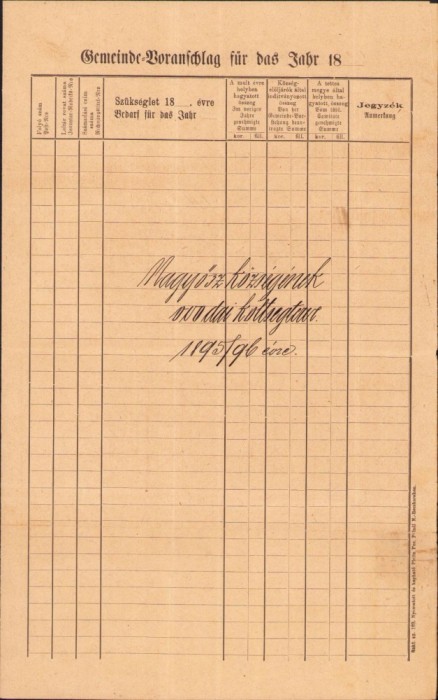 A1202 Buget de cheltuieli grădinița de copii Tomnatic, județul Timiș, 1895